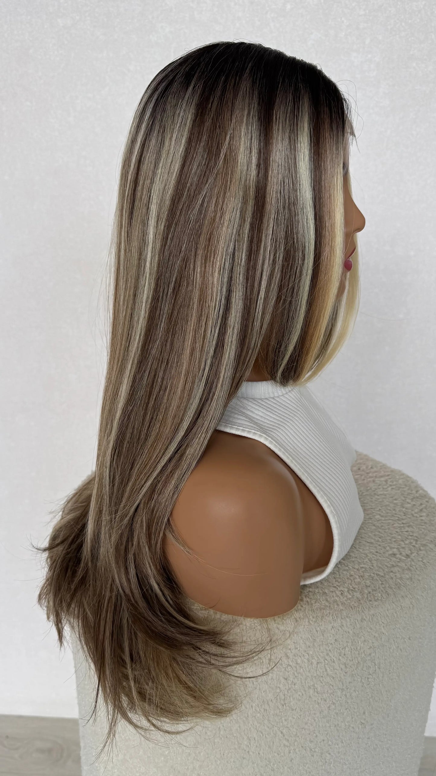 heat safe synthetic wig, dark root to blonde highlighted hair, curtain bangs, glueless wig australia.