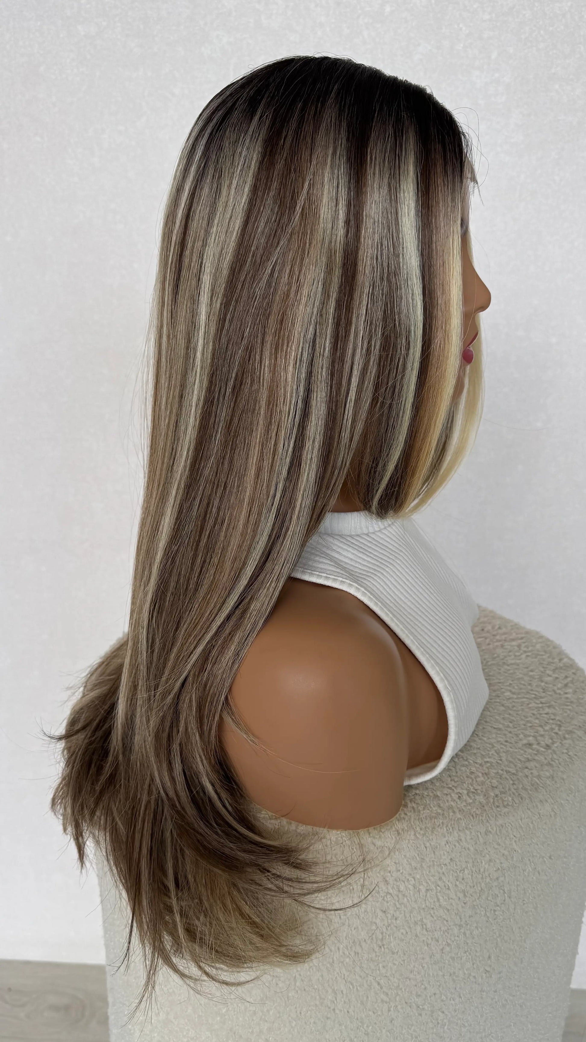 heat safe synthetic wig, dark root to blonde highlighted hair, curtain bangs, glueless wig australia.