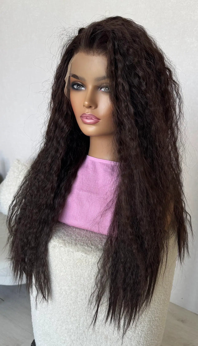 lacefront wig side on view, long brown hair.