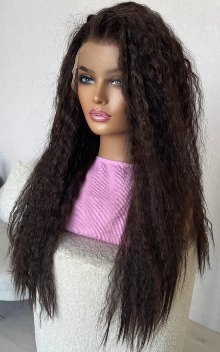 lacefront wig side on view, long brown hair.