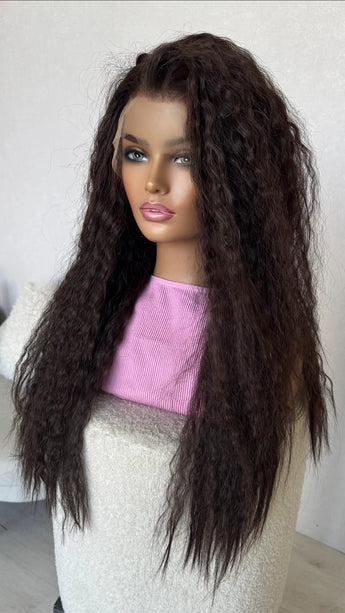lacefront wig side on view, long brown hair.