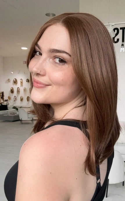 natural wig side on view, layered chestnut brown hair with layers