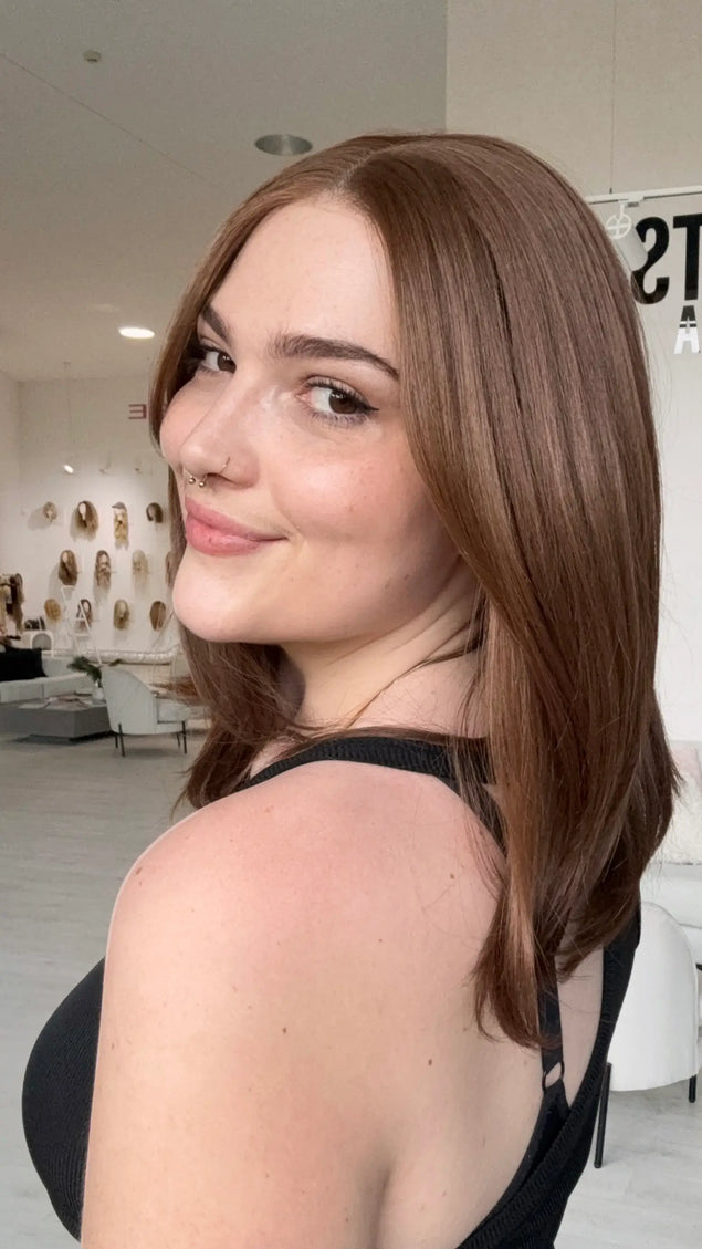 natural wig side on view, layered chestnut brown hair with layers