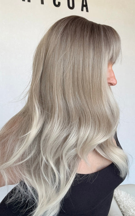 silver ombre synthetic topper with fringe and light wave. middle parting darker root, heat safe topper.