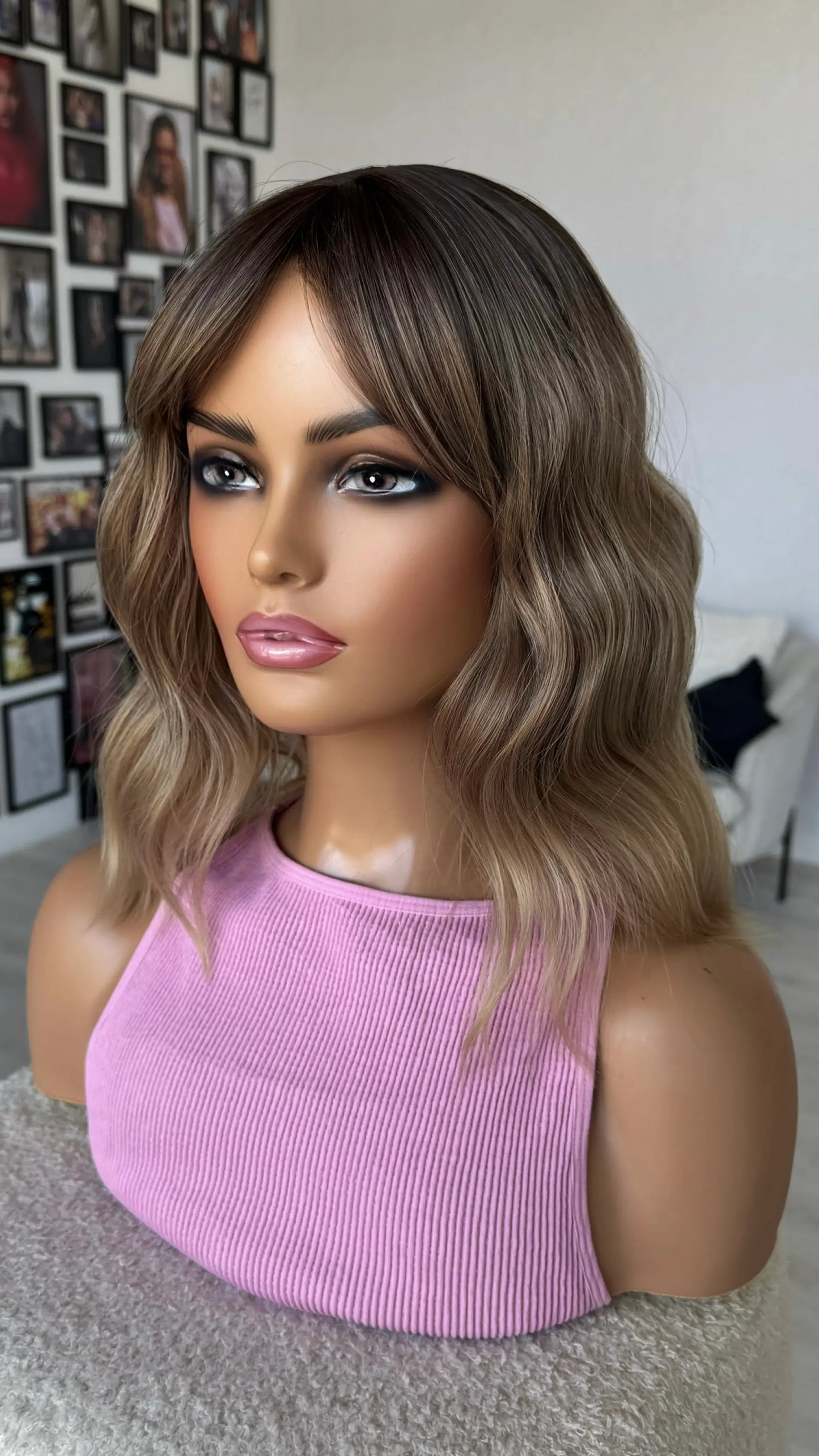 fringe wig middle part, wavy brunette ombre synthetic heat safe.