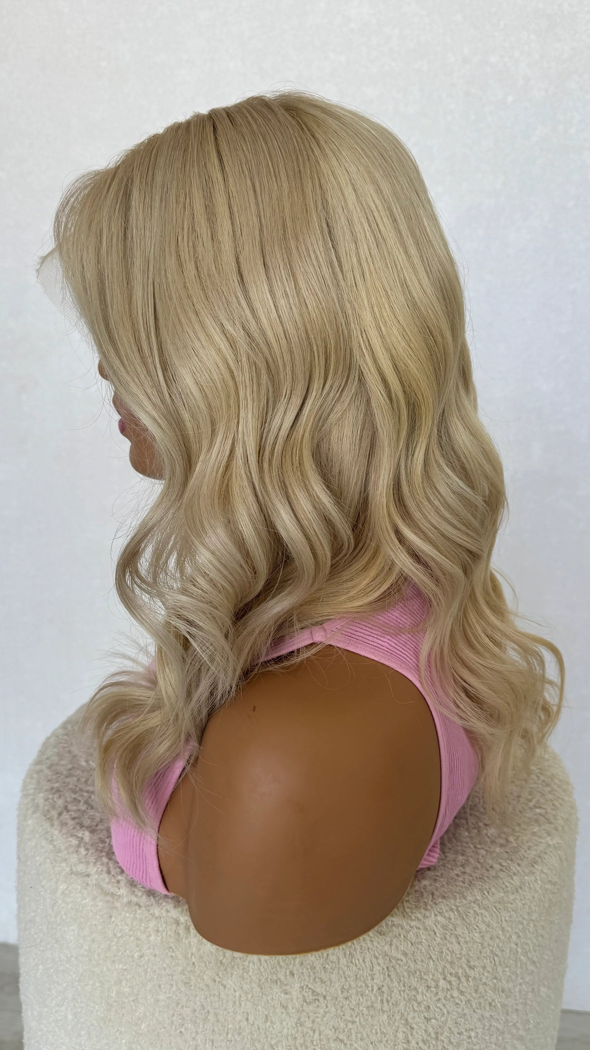 human hair custom wig, lacefront wig, 18 inch hair, elsa colour.