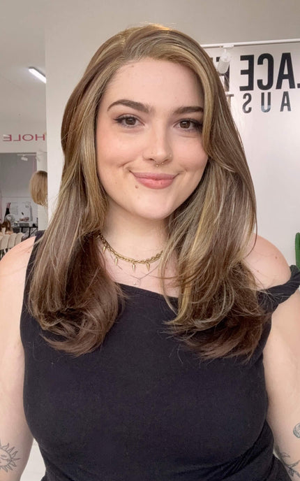highlighted cinnamon brunette side part wig, heat safe synthetic hair, ready to wear, gold coast, Australia.
