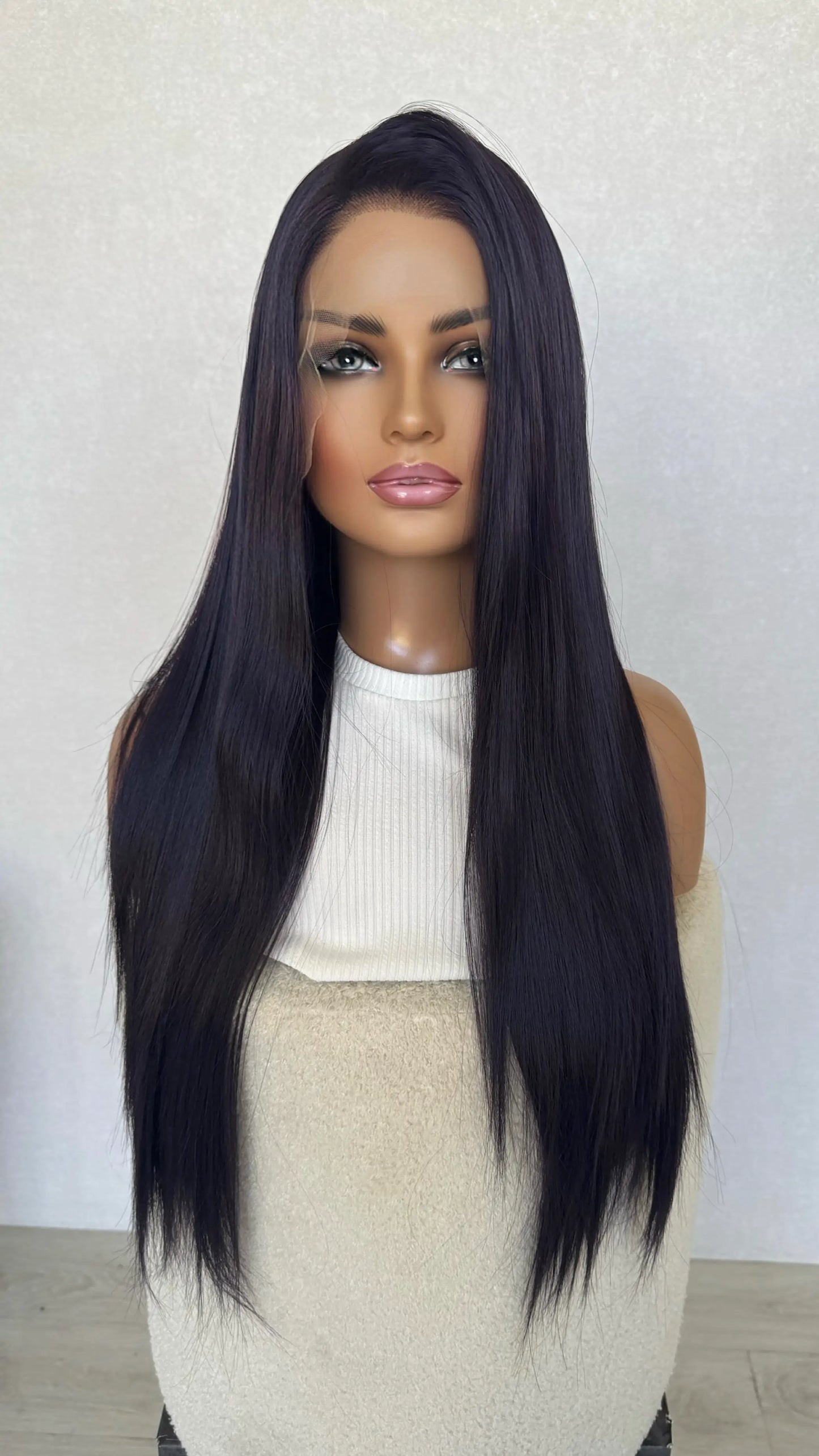 heat safe, glueless lace front wig, dark purple.