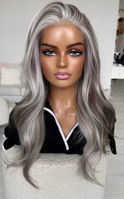 realistic lace front ash grey wig with highlights.