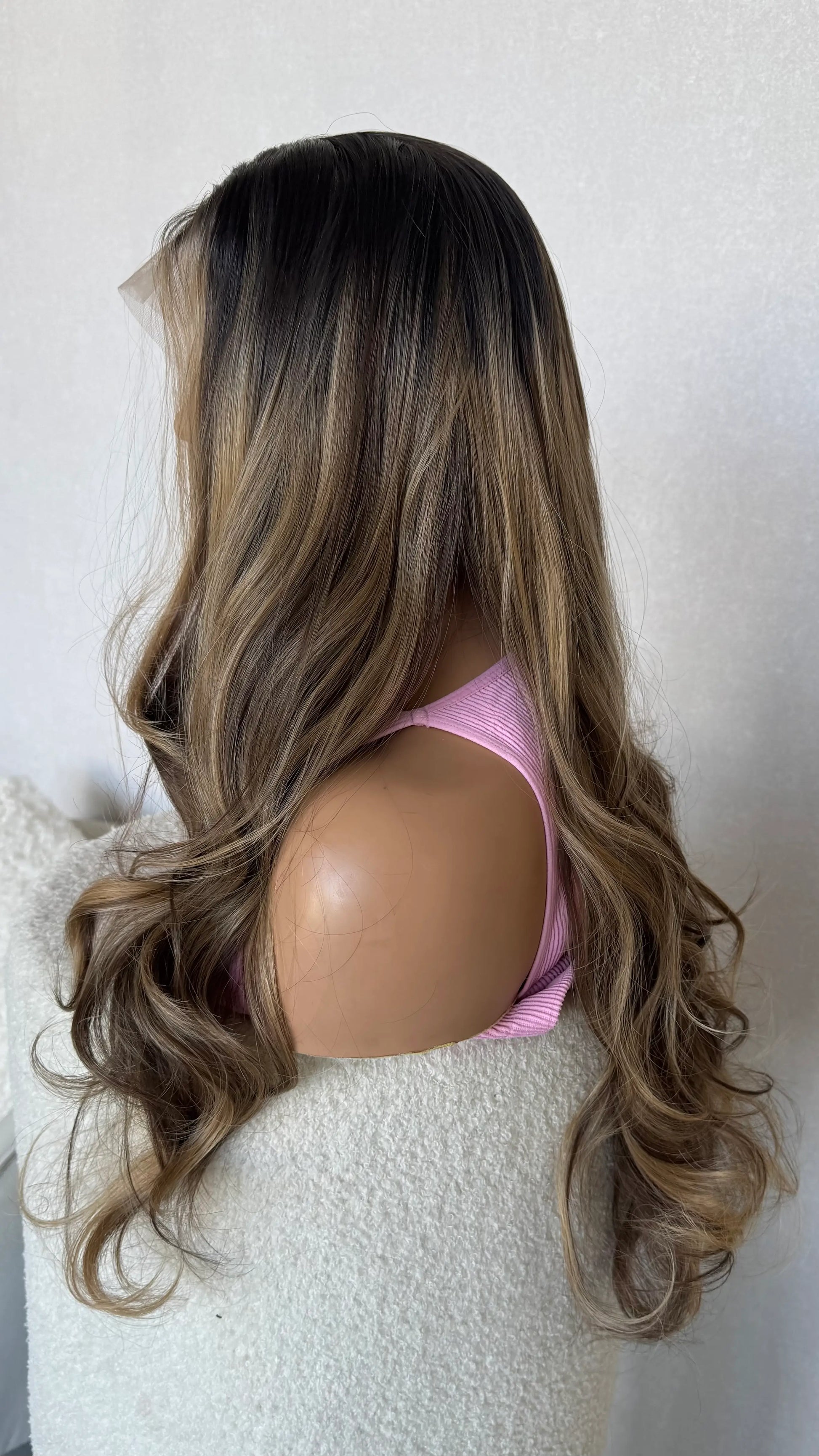 synthetic hair side view, long wavy dark brown hair, glueless wig australia.