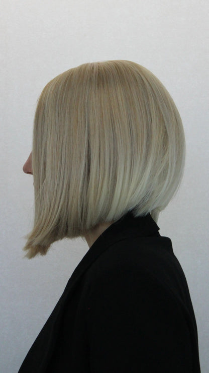 side view blonde bob synthetic, lacefront wig with baby hairs, middle part.