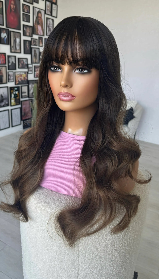 middle part fringe wig long hair brunette 