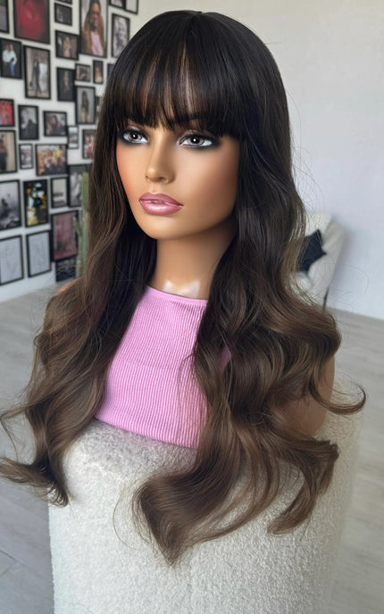 middle part fringe wig long hair brunette 
