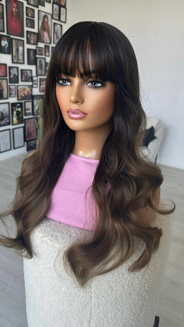 middle part fringe wig long hair brunette 