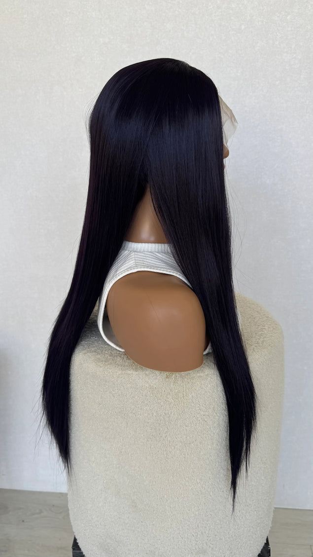 side view, long hair, dark purple, lace front wig.