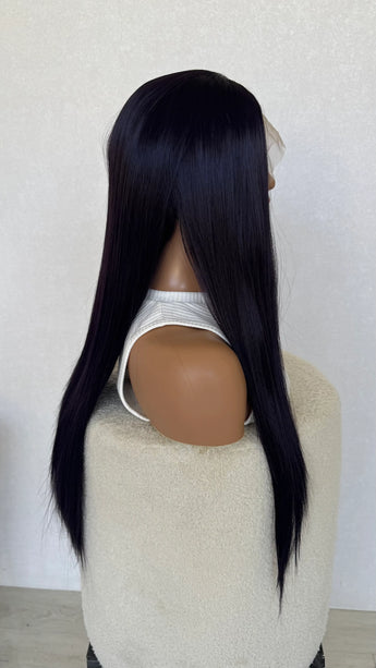 side view, long hair, dark purple, lace front wig.