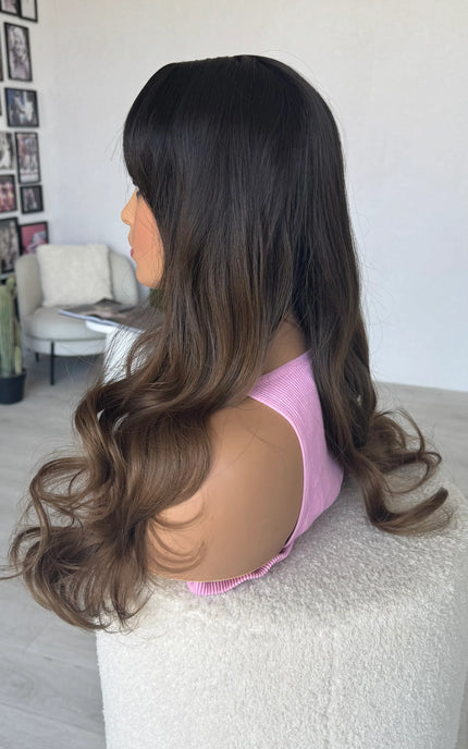 brunette fringe wig side view, long hair lighter brown ends, heat safe glueless wig.