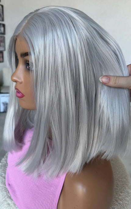 synthetic wigs australia, silver ash pearl grey hair, long bob, glueless wig