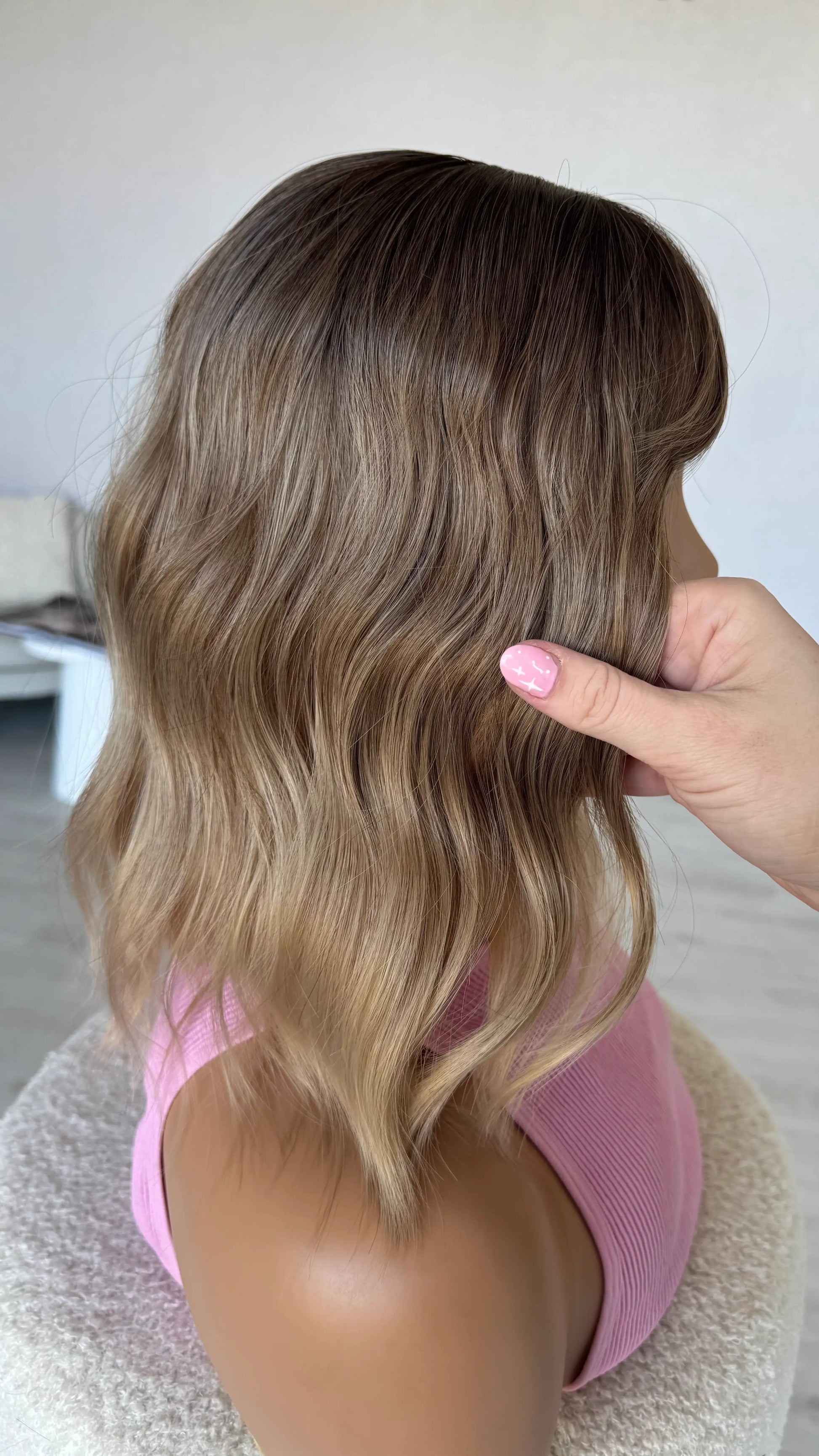 brunette ombre wavy fringe synthetic wig, middle part, heat safe.