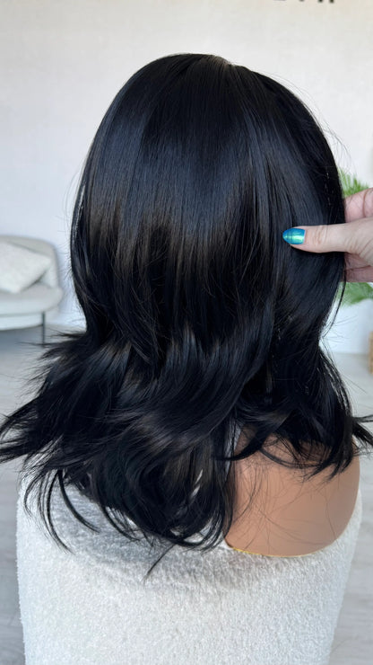 side view holding hair, long layers in black hair, wigs australia.