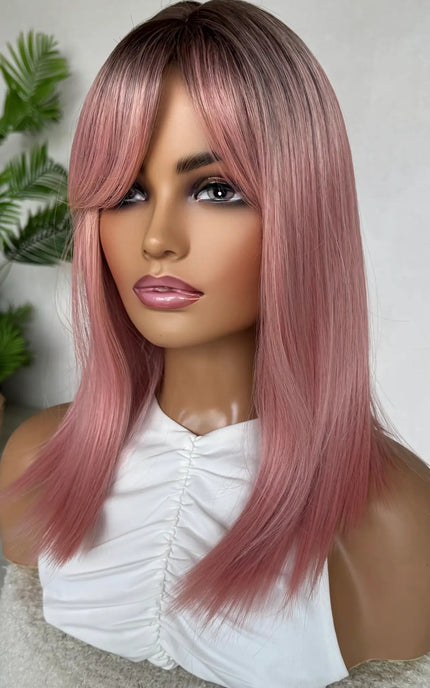 wig pink ombre hair straight with fringe, dark roots