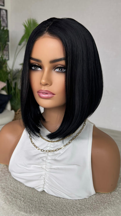 synthetic bob, black hair wig with lacefront. middle part with baby hairs, heat safe hair.