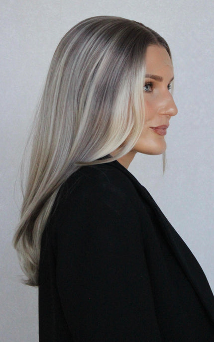 lacefront side view, lowlighted ash blonde with root, glueless and heat safe synthetics australia, wigs.