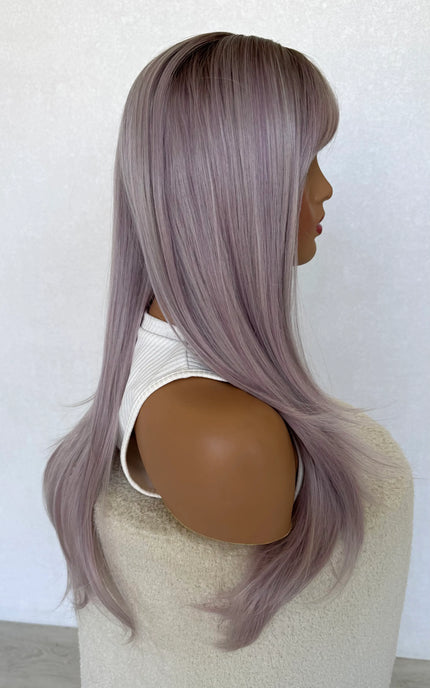 synthetic wig purple. side on view, long fringe topper