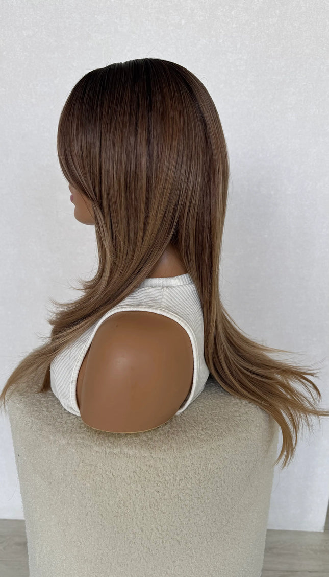 ombre brunette synthetic wig side on view.