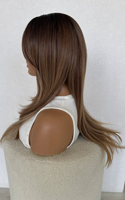 ombre brunette synthetic wig side on view.