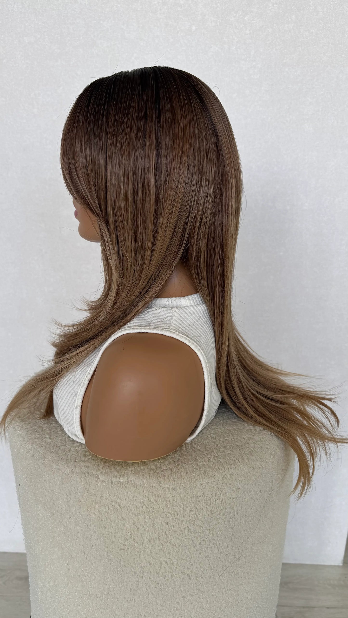 ombre brunette synthetic wig side on view.