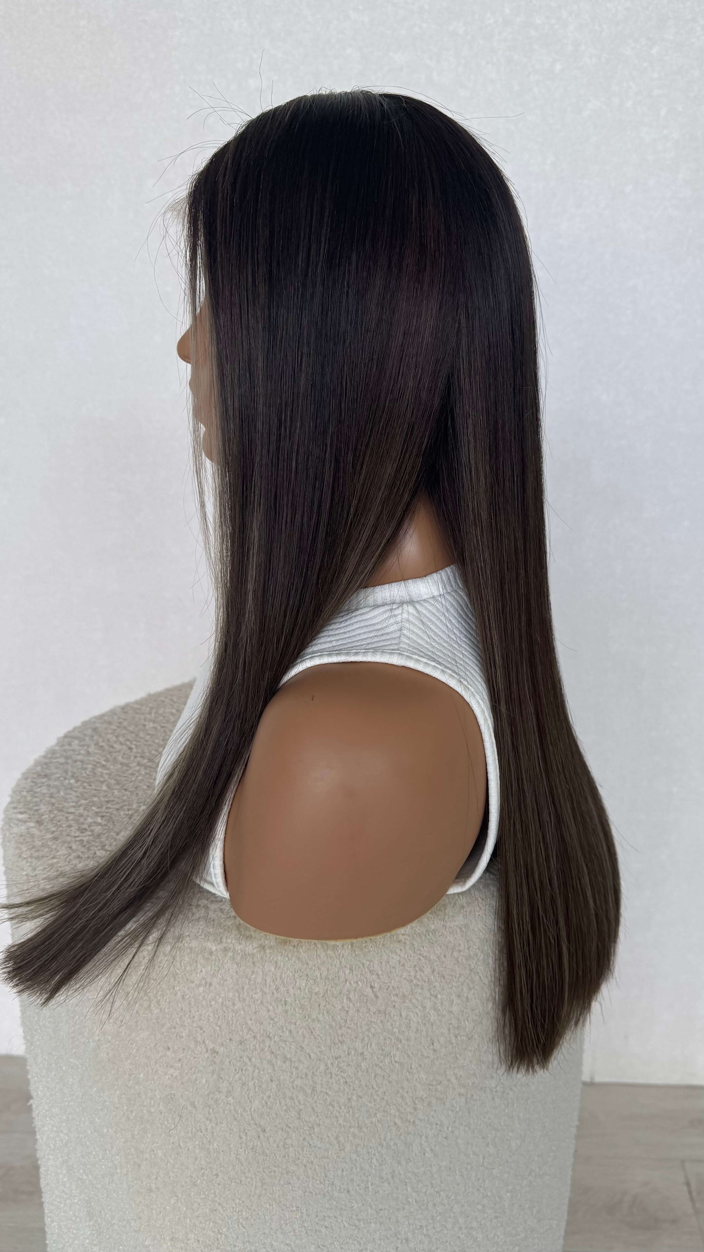 side view long 24 inch hair, cool toned brown lacefront wig australia.