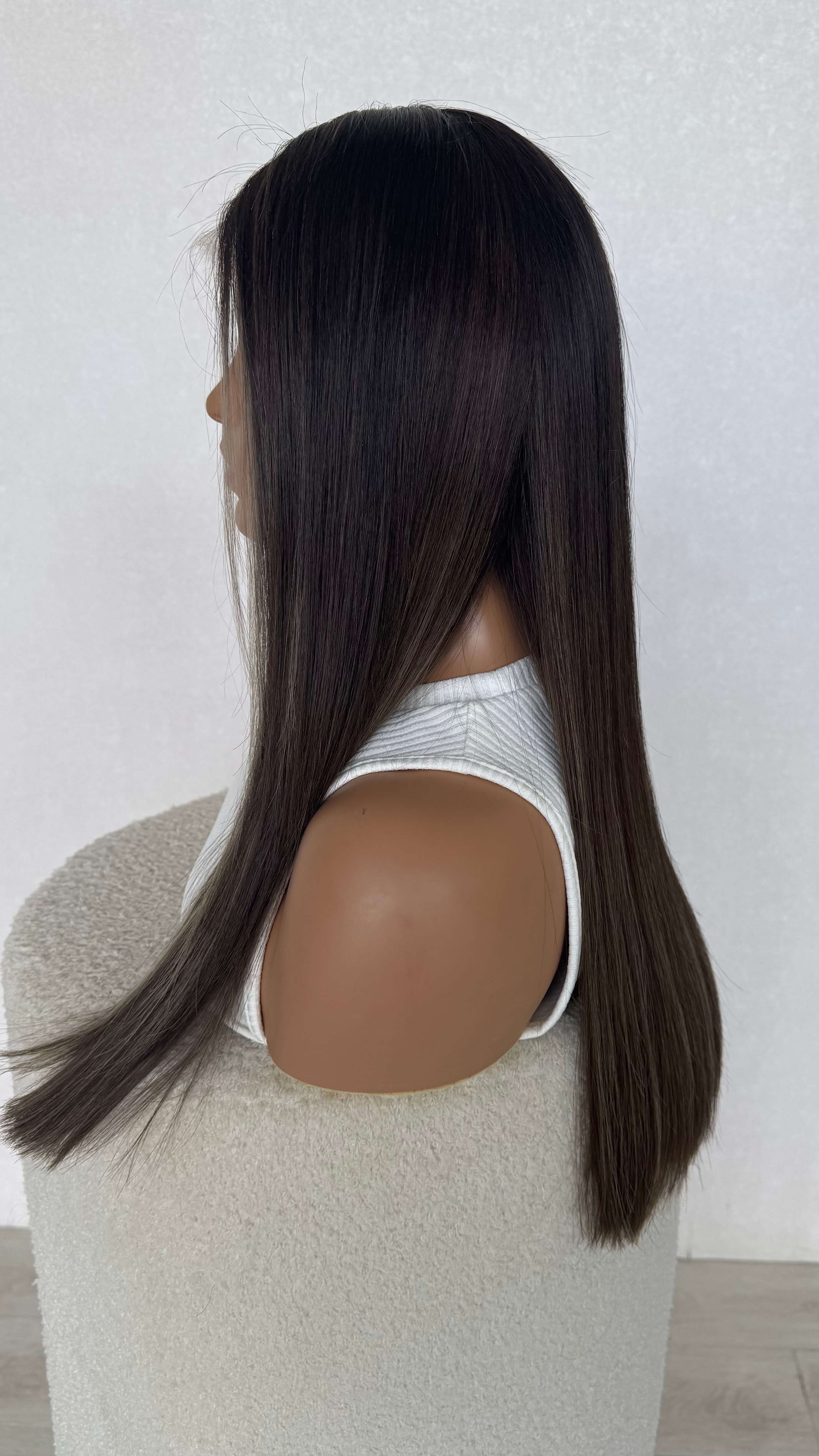 side view long 24 inch hair, cool toned brown lacefront wig australia.