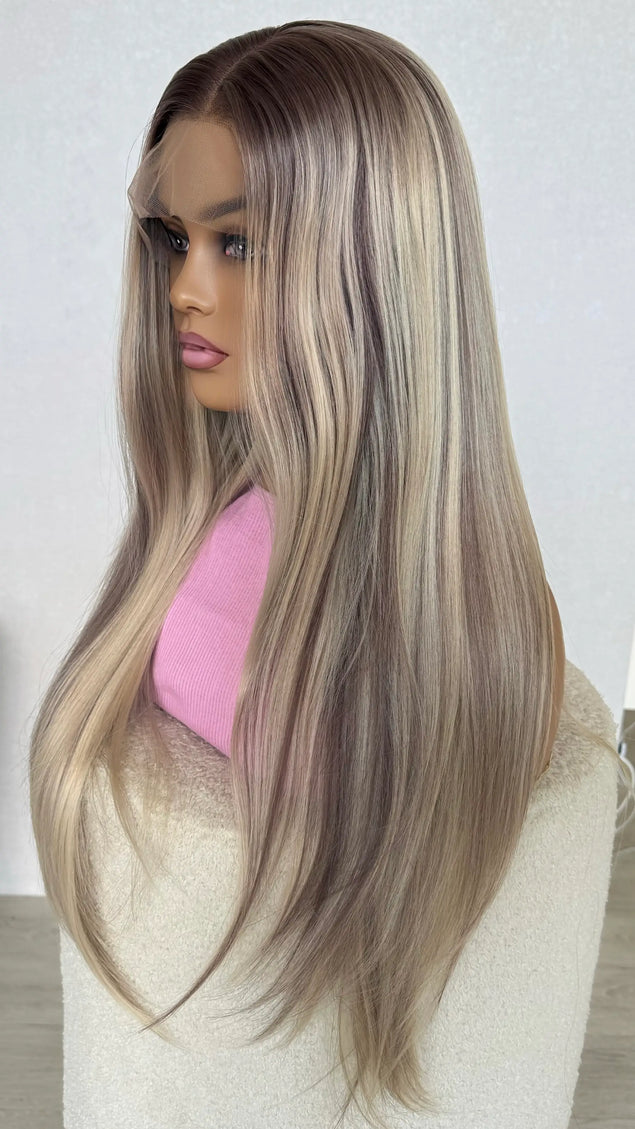 long ash blonde hair with lowlights middle part, heat safe synthetic hair australia.