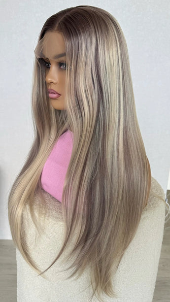 long ash blonde hair with lowlights middle part, heat safe synthetic hair australia.