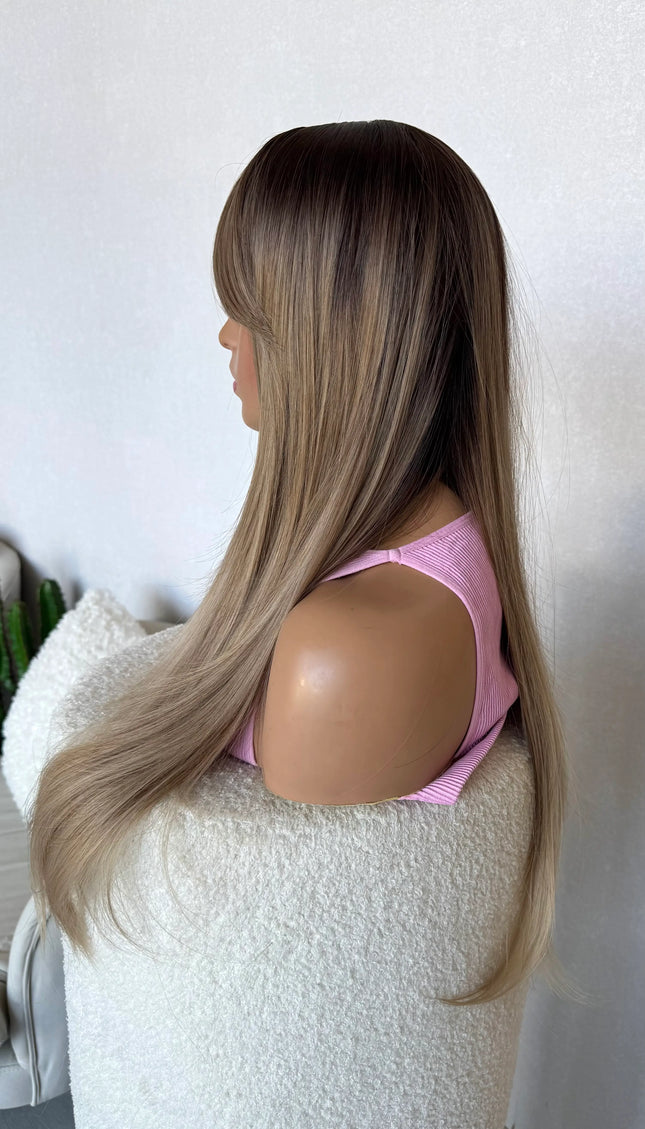 long curtain bang wig side on view, middle part, glueless wig australia.
