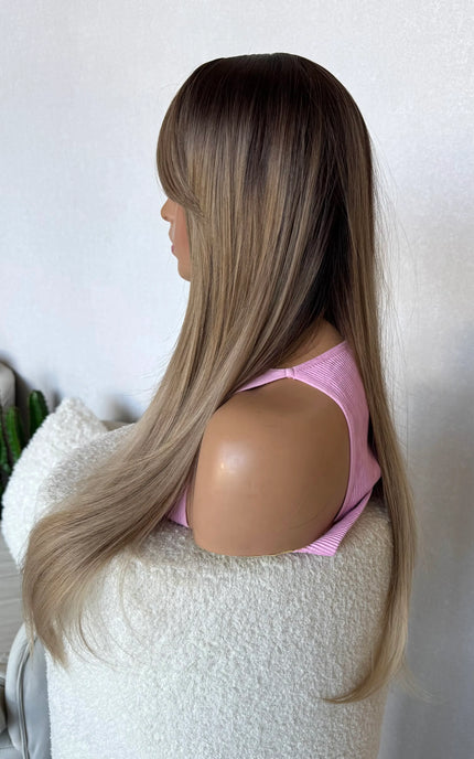 long curtain bang wig side on view, middle part, glueless wig australia.