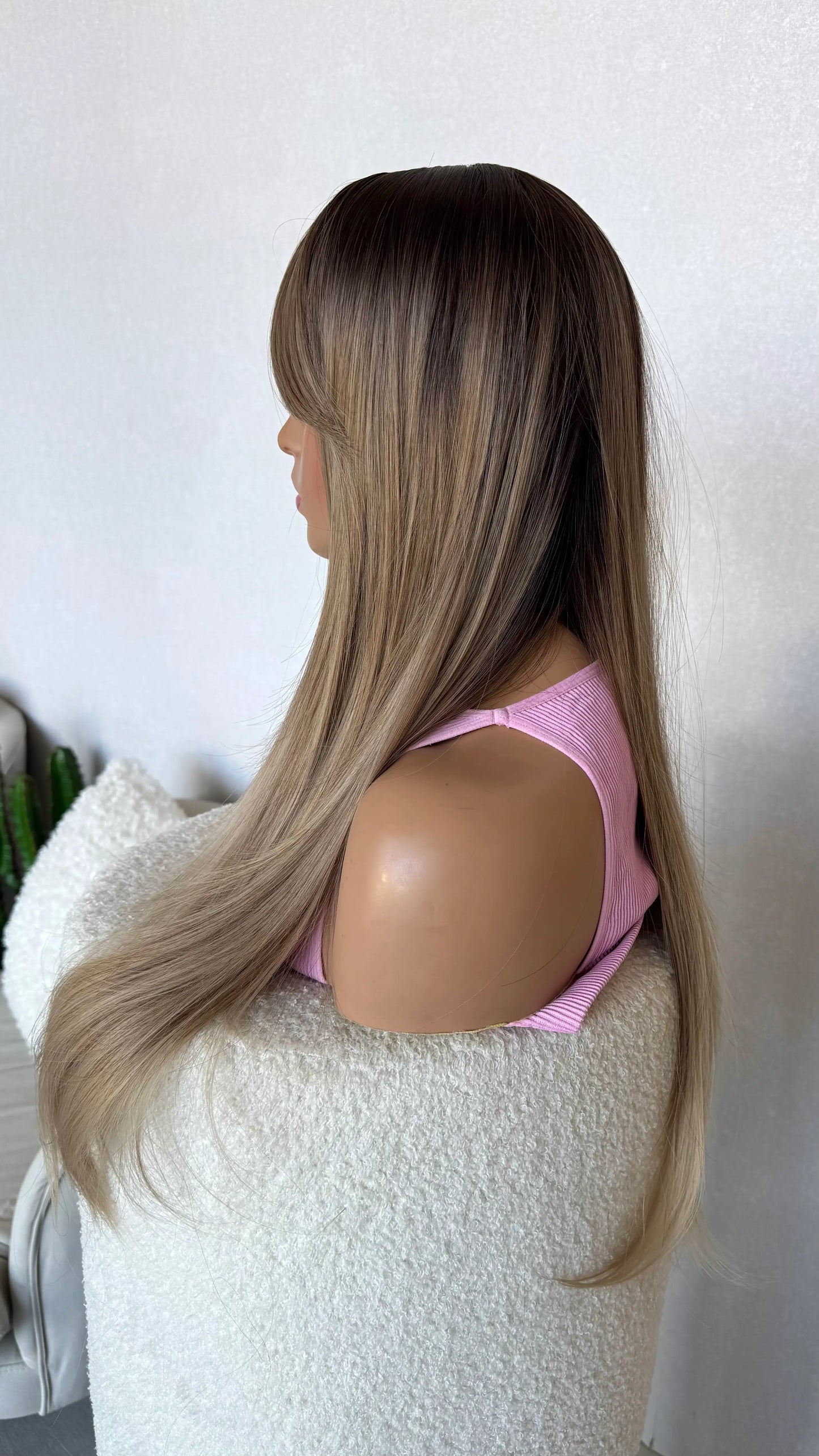 long curtain bang wig side on view, middle part, glueless wig australia.