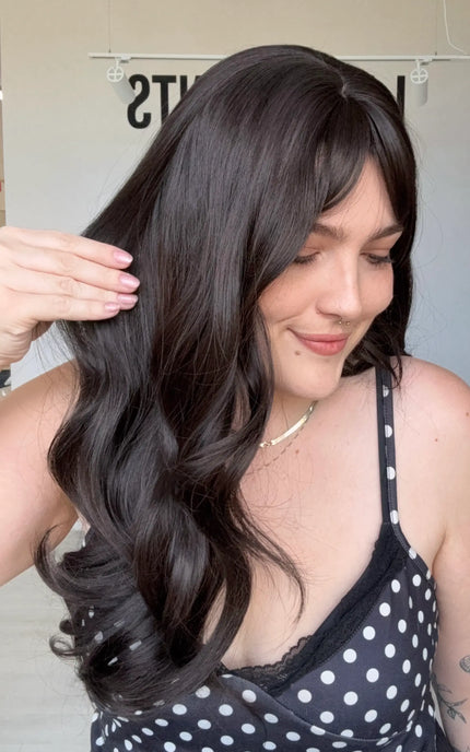 darkest brown slight wavy wig with long fringe parted to the side, perfect for beginners and easy wear.