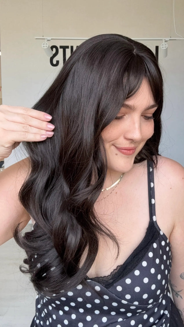 darkest brown slight wavy wig with long fringe parted to the side, perfect for beginners and easy wear.