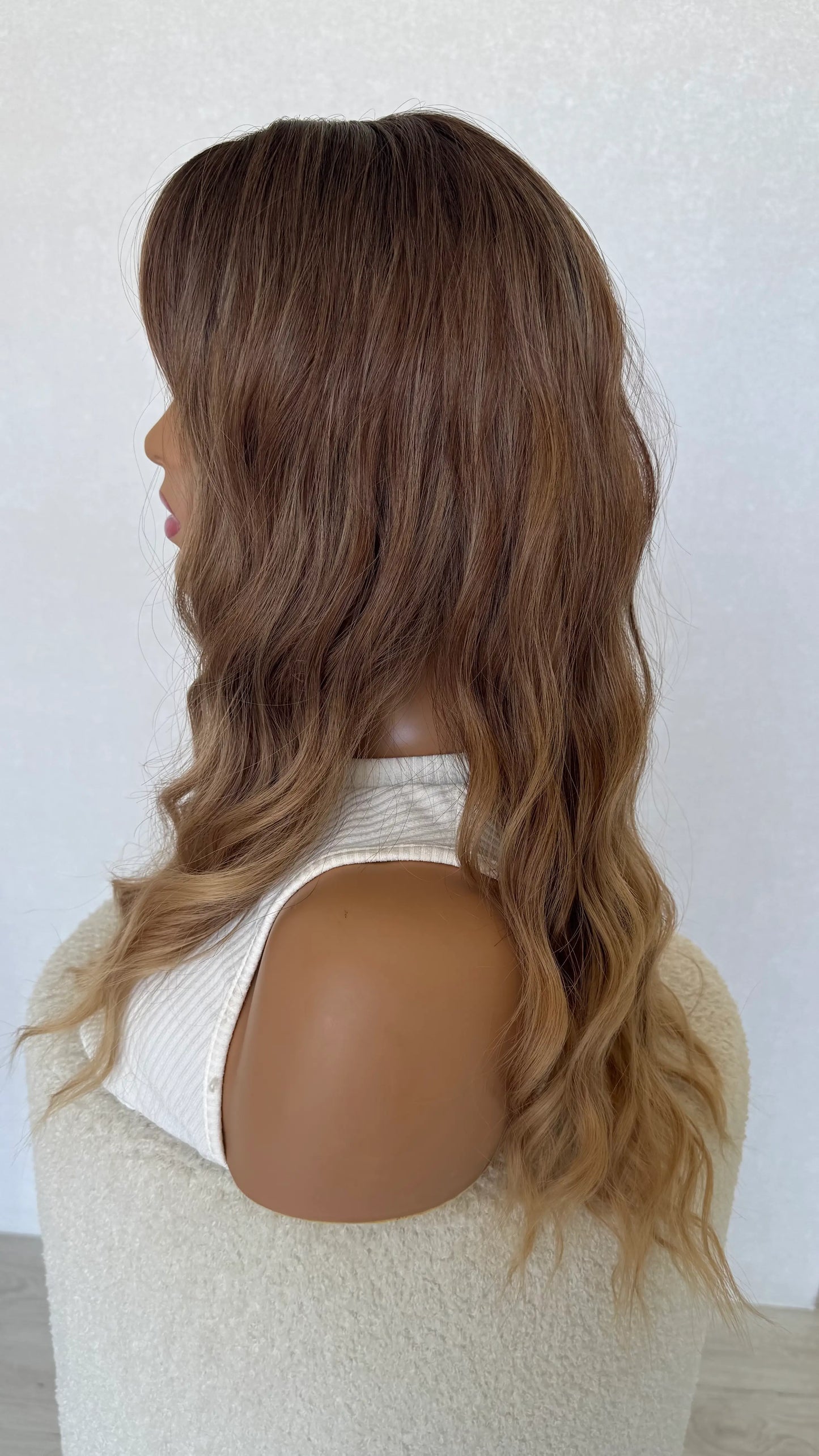 ombre hair side on view, warm toned, wavy hair, heat safe synthetic wig australia.