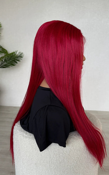 side view of long red lacefront synthetic wig, australia wigs, heat safe fibers.