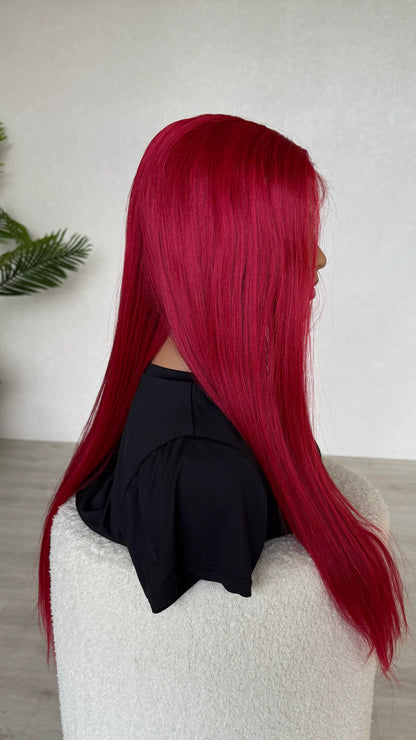 side view of long red lacefront synthetic wig, australia wigs, heat safe fibers.