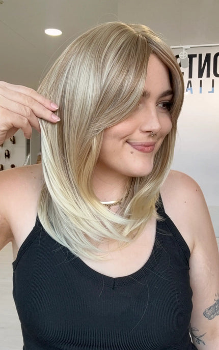 heat safe synthetic wig with middle part and curtain bangs. 
