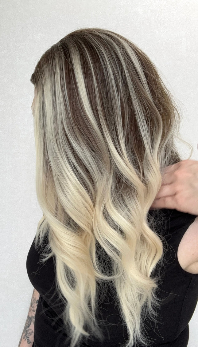 heat safe synthetic wig australia, side view showing blonde ombre and highlights, dark root.