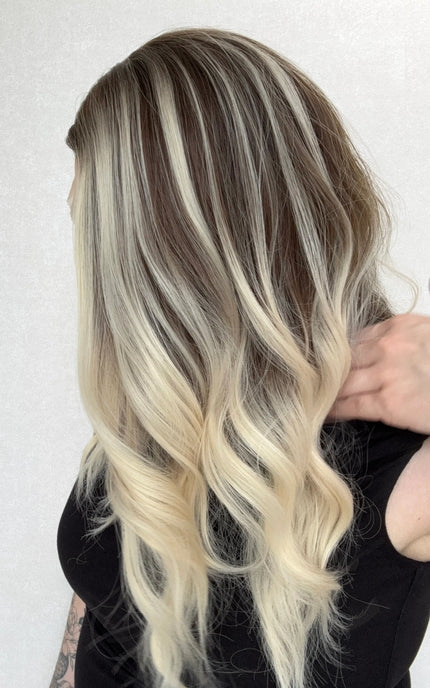 heat safe synthetic wig australia, side view showing blonde ombre and highlights, dark root.