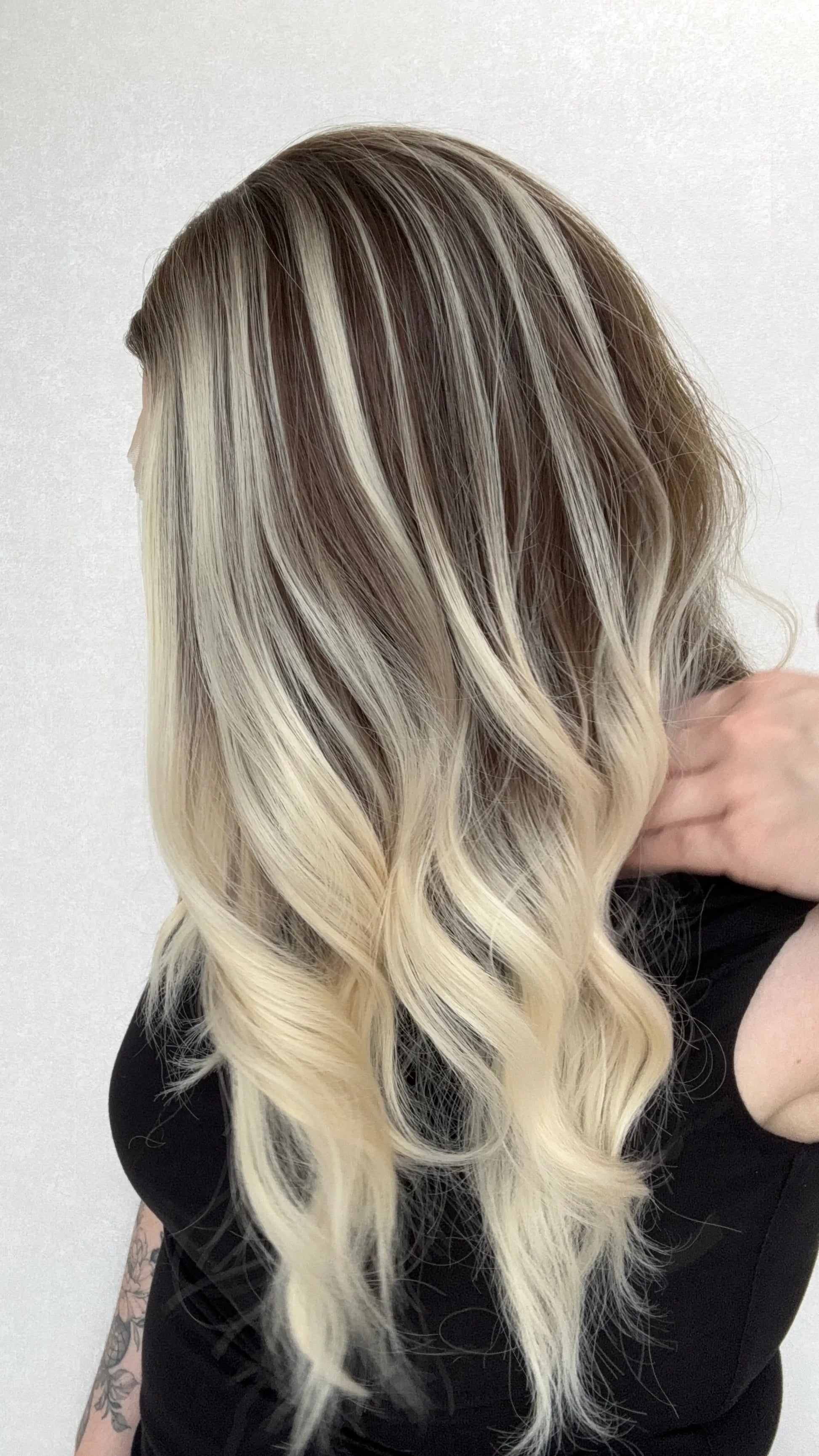 heat safe synthetic wig australia, side view showing blonde ombre and highlights, dark root.