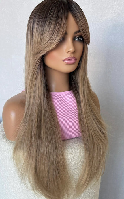 synthetic wigs australia, heat safe, fringe wig curtain bangs, middle part, long hair, heat safe. glueless.