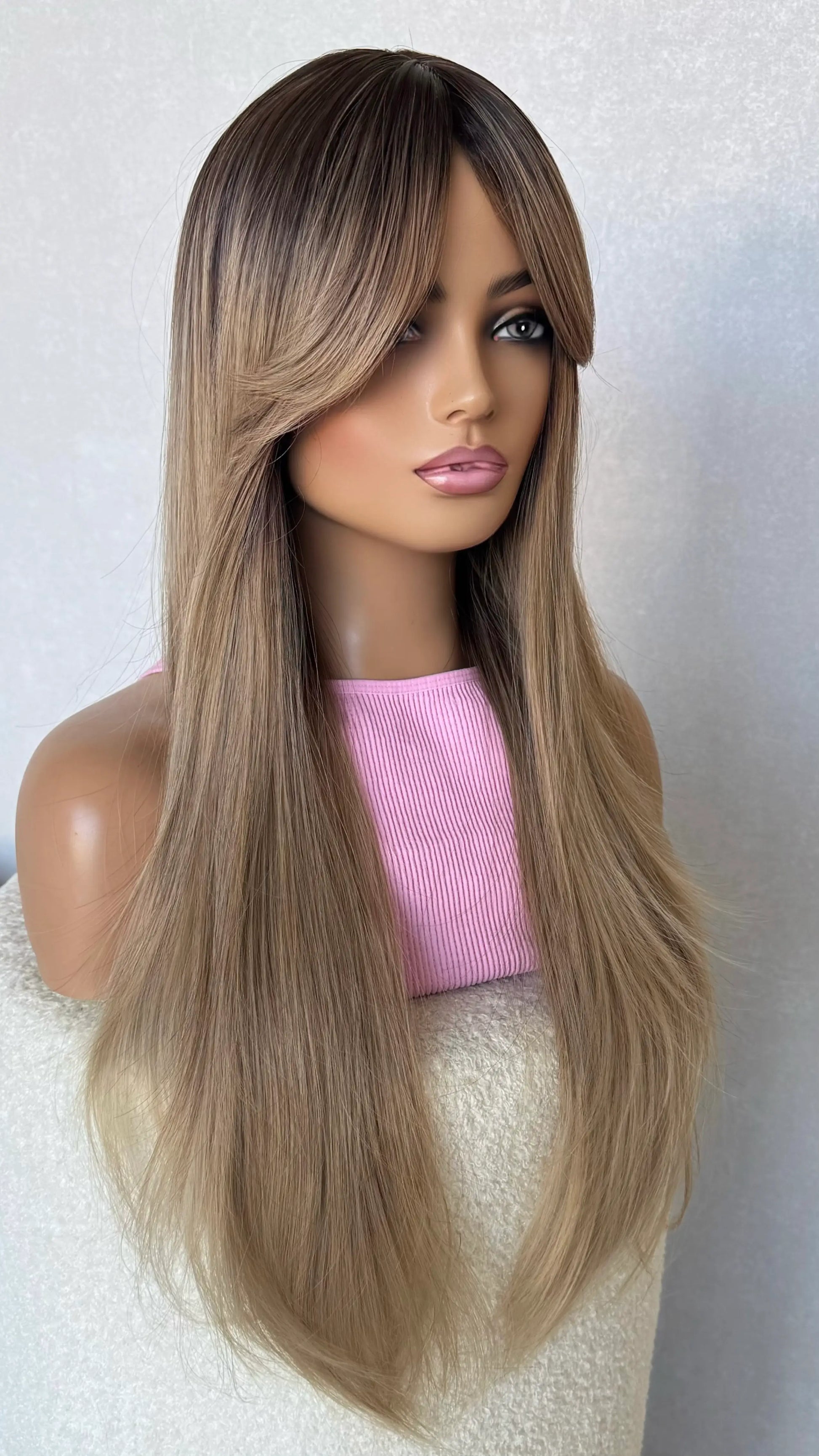 synthetic wigs australia, heat safe, fringe wig curtain bangs, middle part, long hair, heat safe. glueless.
