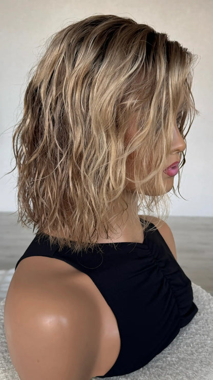 side view of wavy hair bob, 12 inch. blonde ombre hair, summer colour.